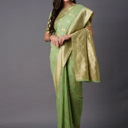 Mitera Green & Gold-Toned Ethnic Motifs Zari Silk Blend Banarasi Saree-image-58