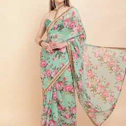 Sangria Turquoise Blue & Pink Floral Sequinned Pure Georgette Saree-picture-22