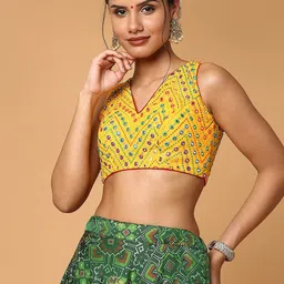 SALWAR STUDIO Yellow Embroidered Readymade Saree Blouse-image-18