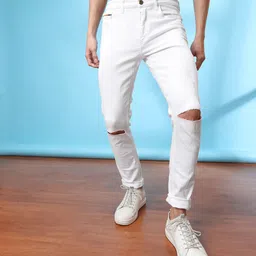The Indian Garage Co Men White Slim Fit Mid-Rise Slash Knee Stretchable Jeans-picture-11