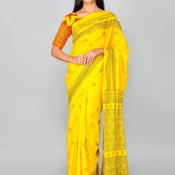 TROPWEAR Ethnic Motifs Linen Blend Block Print Saree-picture-14