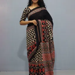 NIKHILAM Ethnic Motifs Printed Mulmul Cotton Block Print Saree-picture-40