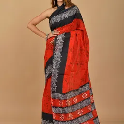 TROPWEAR Ethnic Motifs Block Printed Mulmul Cotton Saree-image-69