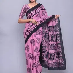TROPWEAR Ethnic Motifs Mulmul Cotton Hand Block Print Saree-picture-31