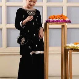 BAESD Girls Floral Embroidered Regular Velvet Kurta with Palazzos & With Dupatta-picture-17