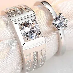 MEENAZ Set Of 2 Silver-Plated & AD Studded Couple Rings With Rose-picture-38