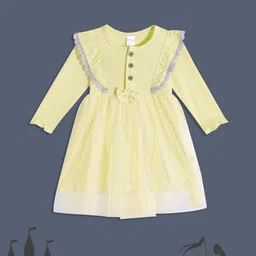 Moms Love Infant Girls Yellow & Grey Self Striped Net Cotton Fit & Flare Dress-picture-41