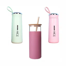 WELOUR Green & Pink 3 Pieces Typography Printed Glass Water Bottle 450 ml-image-93