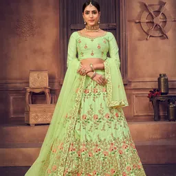 Warthy Ent Green & Gold-Toned Embroidered Thread Work Semi-Stitched Lehenga & Unstitched Blouse With Dupatta-picture-34