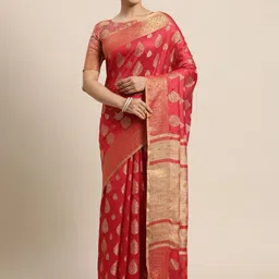 Satrani Red & Gold-Toned Woven Design Zari Silk Cotton Saree image 1