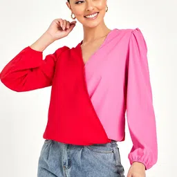 Styli Red & Pink Colourblocked V Neck Long Sleeves Blouse-picture-38