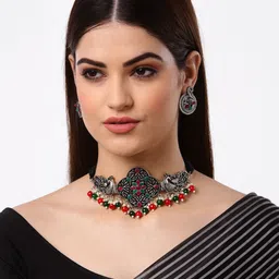 Arrabi Silver-Toned & Red Stones-Studded & Beaded Oxidised Jewellery Set-picture-34