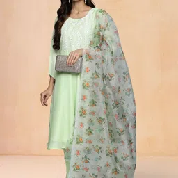 Jompers Women Floral Embroidered Regular Mirror Work Anarkali Kurta with Trousers &Dupatta image 5