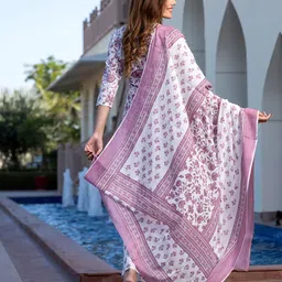 KALINI Floral Printed Round Neck Pure Cotton Straight Kurta With Trousers & Dupatta image 3