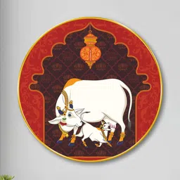 Livin'luxe Red & Brown MDF Cow and Calf Living Room Round Wall Art 23" x 23" image 2