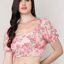 SAKURA Floral Print Puff Sleeve Liva Blouson Crop Top-picture-29