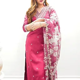 VredeVogel Floral Embroidered Thread Work Straight Kurta With Trousers & Dupatta-picture-26