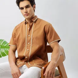 HAMPTONS Men Solid Lace Insert Cotton Casual Shirt-picture-33