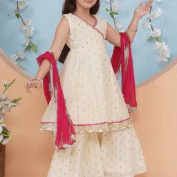 BAESD Girls Ethnic Motifs Printed Angrakha Pure Silk Kurta with Sharara & With Dupatta image 3