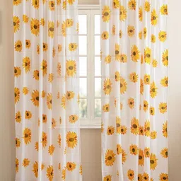 HOMEMONDE White & Yellow 2 Pieces Floral Cotton Sheer Long Door Curtains-image-78