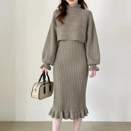 HERE&NOW Women High Neck Puff Sleeve Ruffled Sheath Midi Dress-picture-30