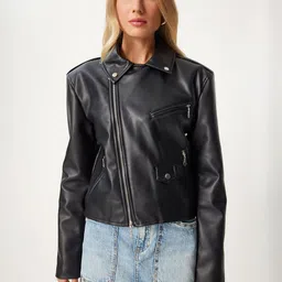 Happiness istanbul Lapel Collar Biker Jacket image 2