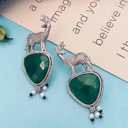 Anouk German Silver-Plated Stones Studded And Pearls Beaded Deer Oxidised Drop Earrings image 2