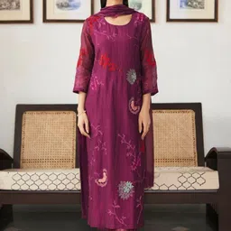 LIVIX Women Floral Embroidered Regular Thread Work Chanderi Cotton Kurta with Trousers & With Dupatta-picture-13