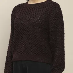 Madame Women Self Design Open Knit Pullover Sweaters image 3