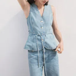 MANGO Pure Cotton Buttoned Faded Denim Gilet Waistcoat With Fabric Tie-up-picture-13
