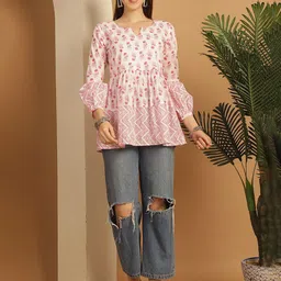 Merira Women Floral Jaipuri Printed Gathered or Pleated Round Neck Cotton Empire Top-image-99