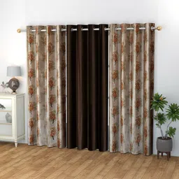GEET CREATIONS Coffee Brown & Green Set of 3 Floral Room Darkening Long Door Curtain-picture-17