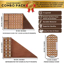 E-Retailer 5Pc Brown Patterned Waterproof Refrigerator & Handle Cover With Oven Cover image 4