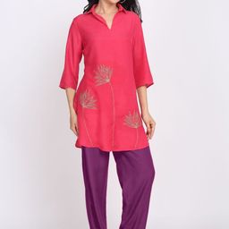 SHAYE Shirt Collar Coral Embroidered Three-Quarter Sleeves Ethnic Kurtis For Women-picture-21