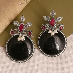KRISHAZ Silver-Plated Artificial Stones Studded & Beaded Circular Shaped Drop earrings image 1