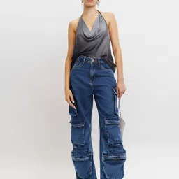 FREAKINS Women Straight Fit High-Rise Light Fade Pocket Play Cargo Pants Jeans-image-37