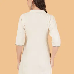 Brownverse Thread Work Mandarin Collar Pure Cotton Straight Kurti image 2