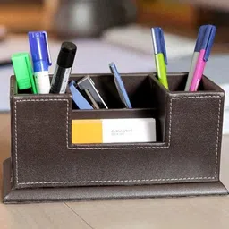 AARVI DECOR STUDIO Brown Faux Leather 4 Compartments Office Tabletop Storage Box image 2