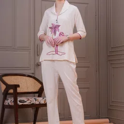 OH MI DIOS Embroidered Shawl Neck Pure Cotton Top With Trousers-image-77