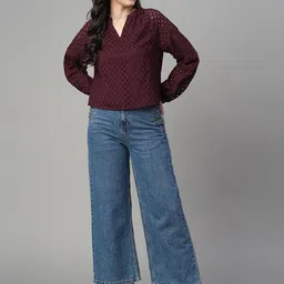 all about you Women Self Design Puff Sleeve Cotton Schiffli Top image 2