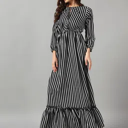 Raiyani Enterprise Striped Tie-up Neck Puff Sleeves Fit & Flare Midi Dress image 3
