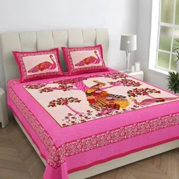 HOMELINE Pink & Red Floral Printed Cotton 144 TC King Bedsheet Set 2.286 m x 2.621m-image-31