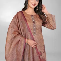 HERE&NOW Women Floral Printed Regular Thread Work Linen Kurta with Trousers & With Dupatta image 3