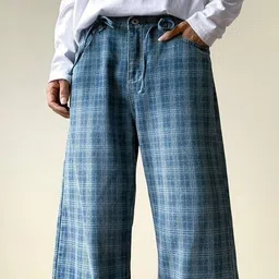 StyleCast Men Checked Wide Leg Mid-Rise No Fade Clean Look Non Stretchable Regular Jeans image 3