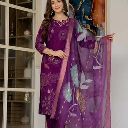 AMBROZEE Women Floral Printed Regular Pure Cotton Kurta with Trousers & With Dupatta image 2