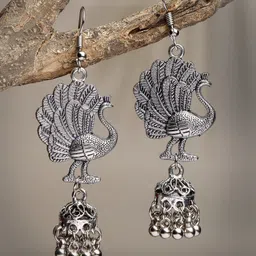 Anouk Women Silver-Toned Peacock Desing German Silver Oxidised Dome Shaped Jhumka Earrings-image-12