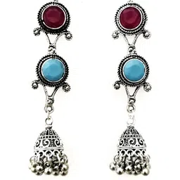 Yash Jewels Emporiums Silver-Plated Artificial Stones Studded Oxidised Dome Shaped Jhumkas-picture-21