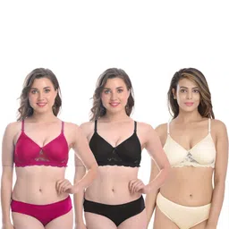 samvar Women Pink,Black,Brown Cotton Bra Panty Set for Lingerie Set Undergarments Pack of 3-picture-20