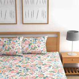 NEW TOWN White & Pink Floral 210 TC Queen Bedsheet with 2 Pillow Covers-image-53