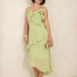 Virgio Women Emara Green Ruffle Midi Dress-image-51